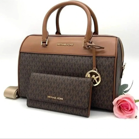 Michael Kors Medium Duffle Satchel Crossbody Bag & Trifold Wallet Brown - Picture 4 of 11